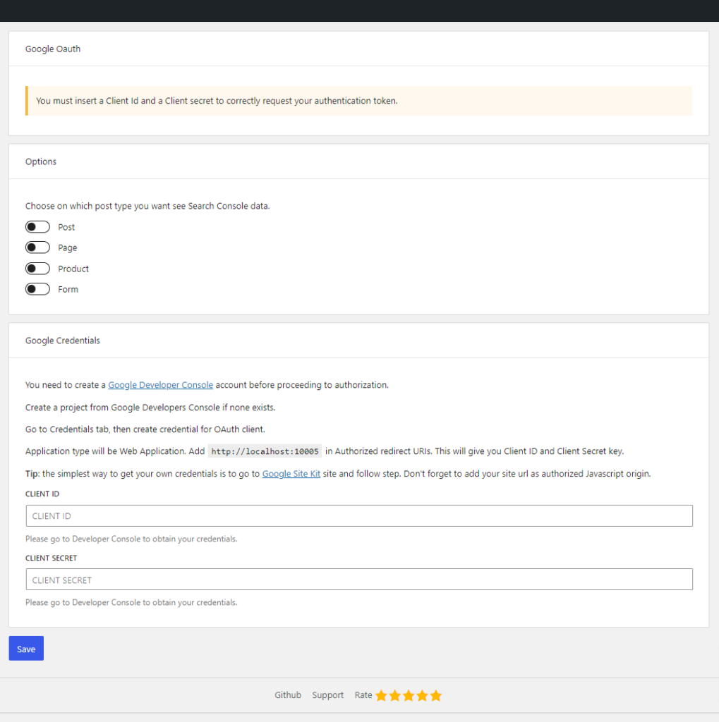 Impostazioni del plugin Search Console